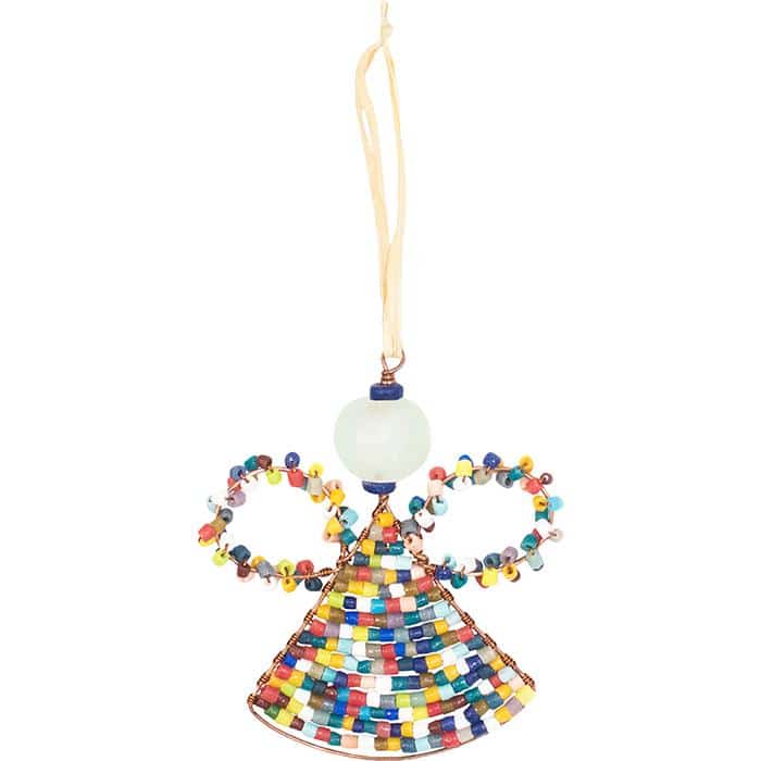 A glass bead rainbow angel ornament connected to a raffia loop