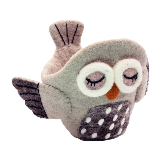 Felted plant pot shaped like an owl with closed eyes on a white background.
