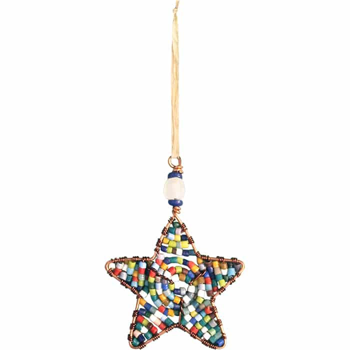 A rainbow beaded star shaped ornament hanging on a piece of raffia. 