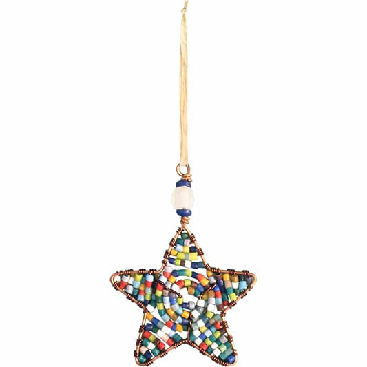 A rainbow beaded star shaped ornament hanging on a piece of raffia. 