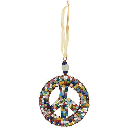 A peace sign shaped rainbow beaded ornament made from recycled glass.