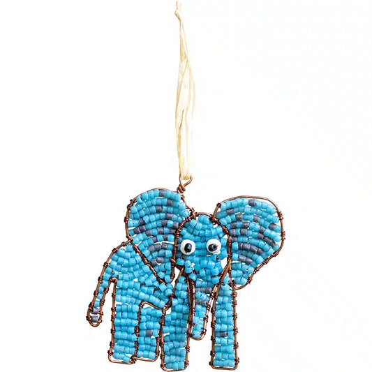 A beaded elephant hanging ornament in vibrant turquoise blue, crafted with small glass beads and outlined in brown wire, featuring a hanging loop at the top.
