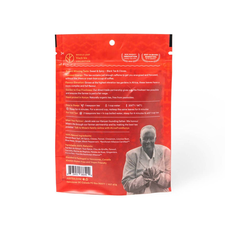 Red package with a photo of a Kenyan tea farmer on a white background