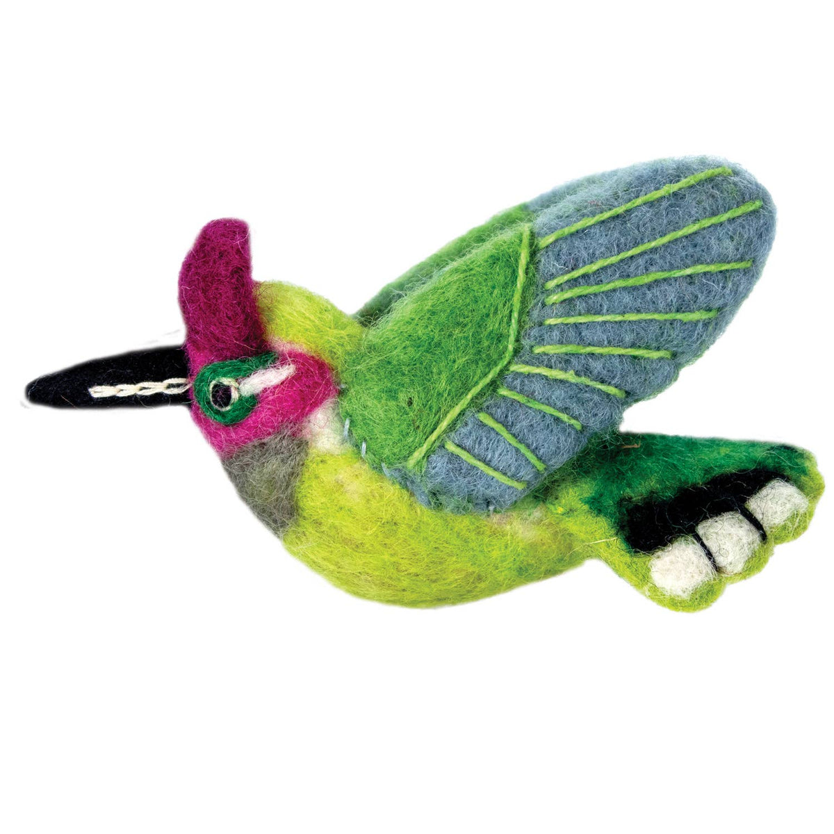 Felted hummingbird ornament with colorful feathers on a white background