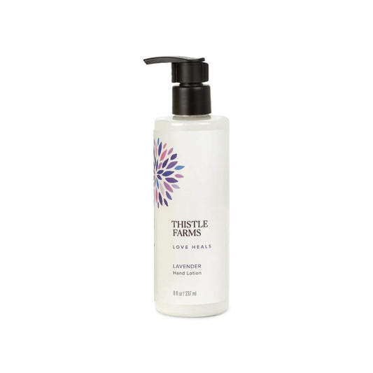 Thistle Farms lavender hand lotion bottle on a white background