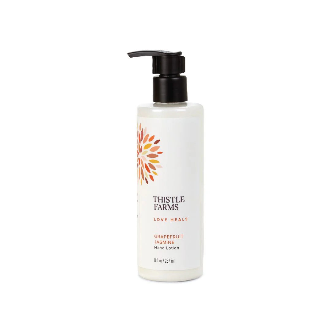 Thistle Farms lotion bottle with pump on a white background