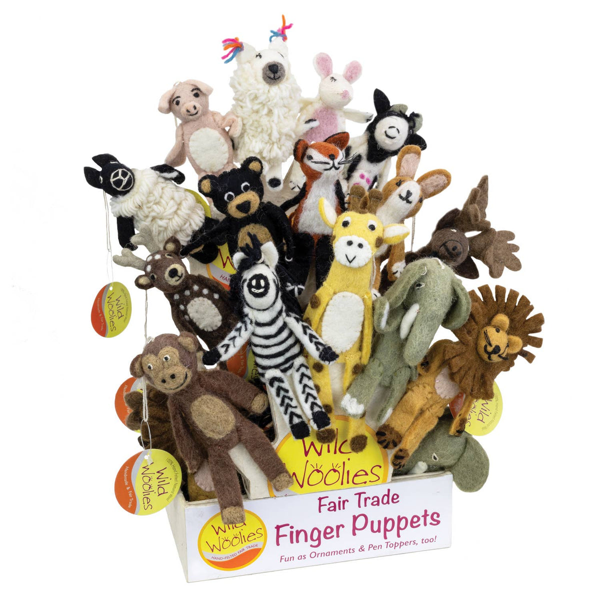 Collection of animal-themed finger puppets in a display box with 'Wild Woolies' branding.