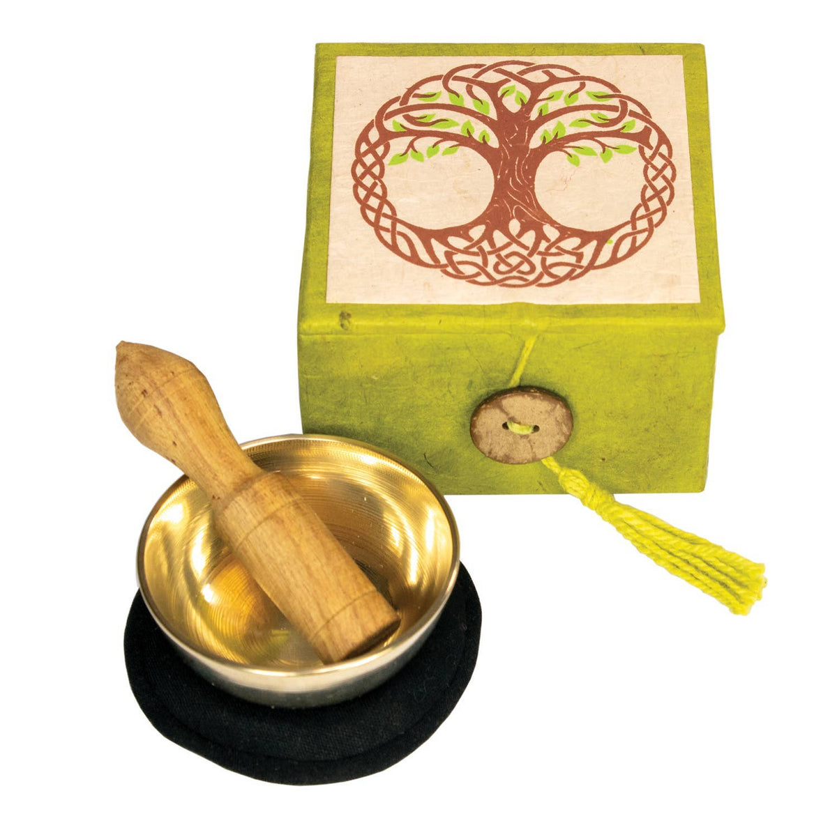 Singing bowl set with wooden striker and decorative box on a white background