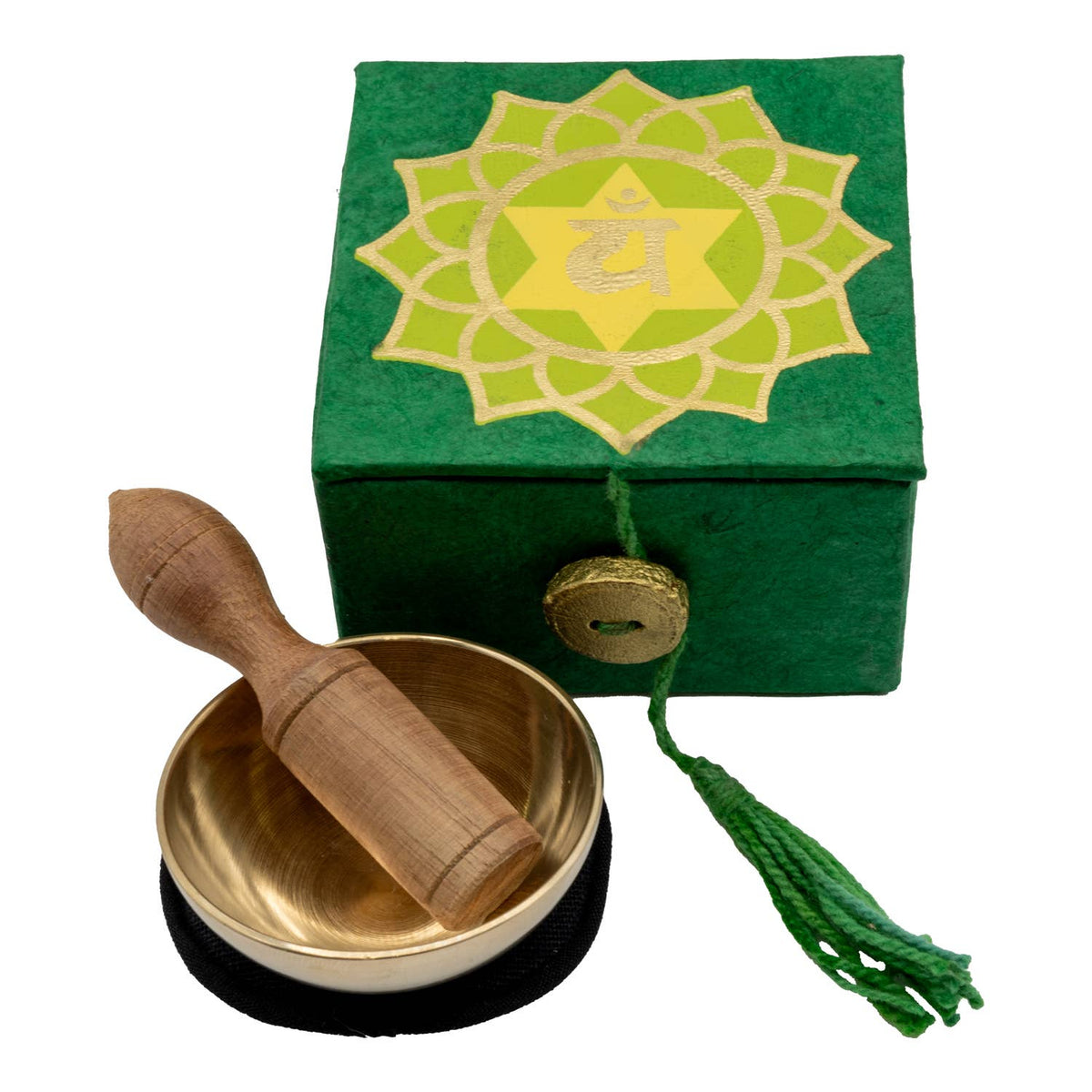 Tibetan singing bowl set with wooden striker and green box featuring a symbol on a white background