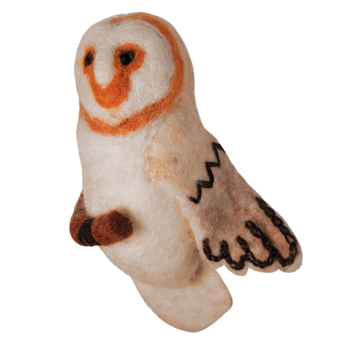 Felted owl toy with orange face and brown body on a white background