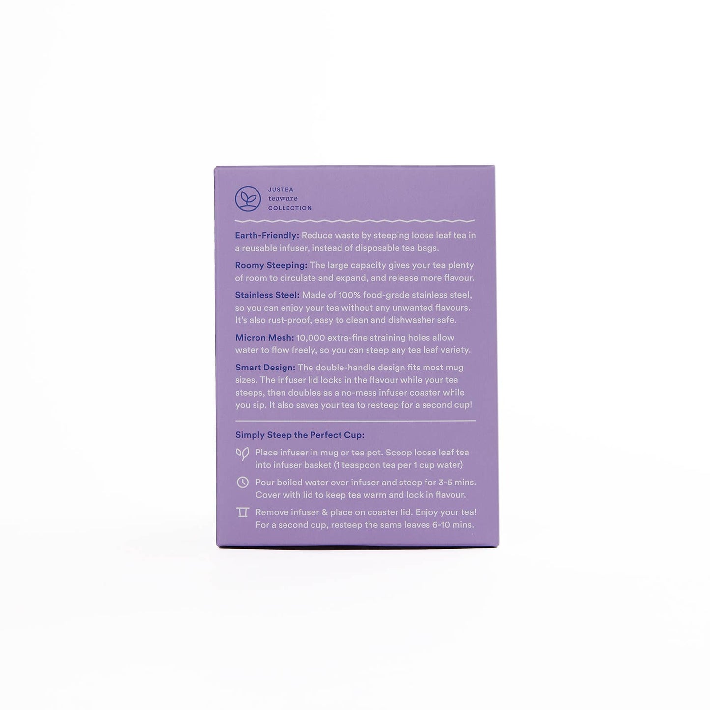 Purple product packaging with text on a white background