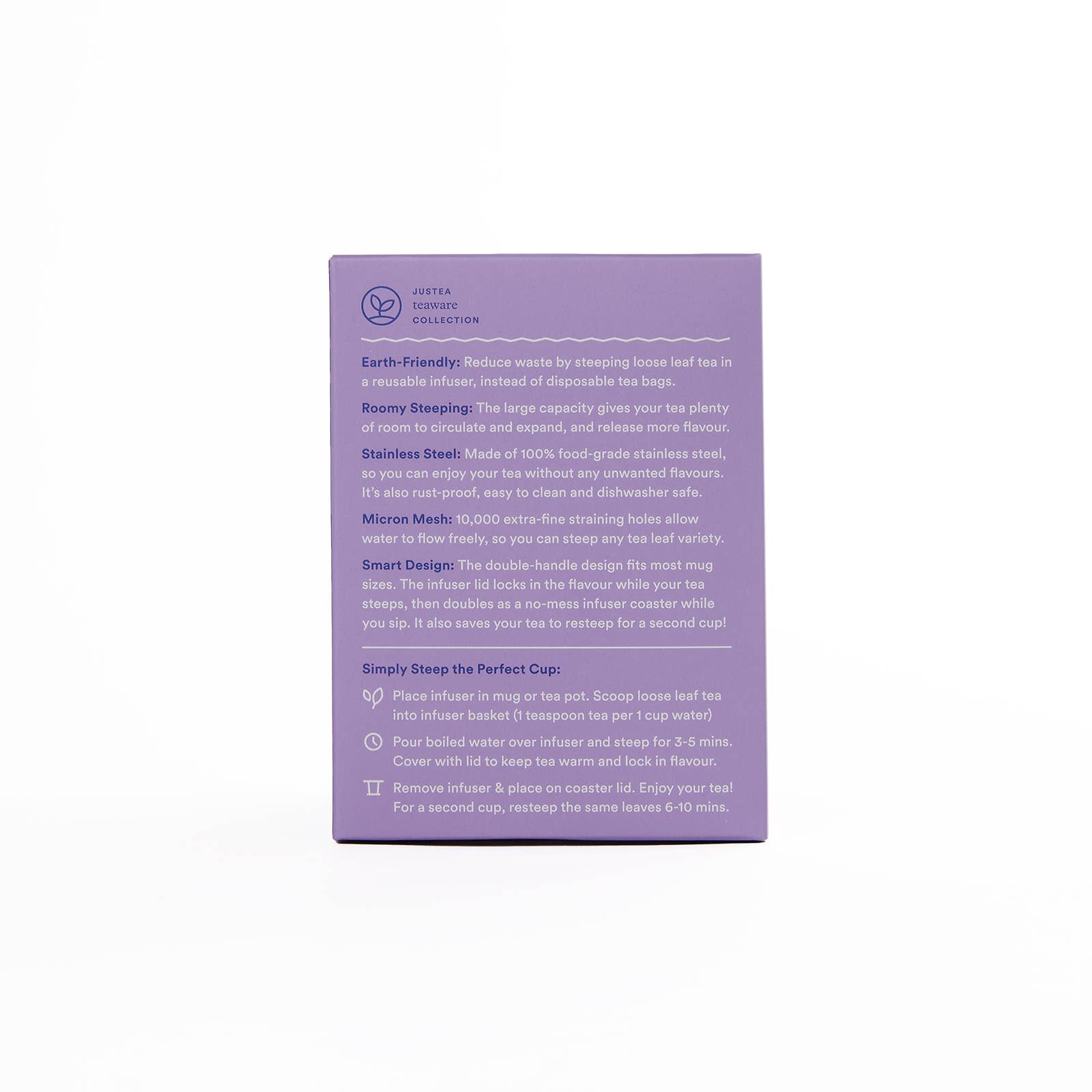Purple product packaging with text on a white background