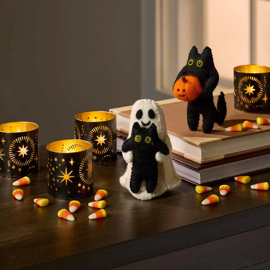 Black cat holding an orange jack o lantern on a stack of books. White ghost holding a black cat standing on a wooden surface with candy corn and tealight candles