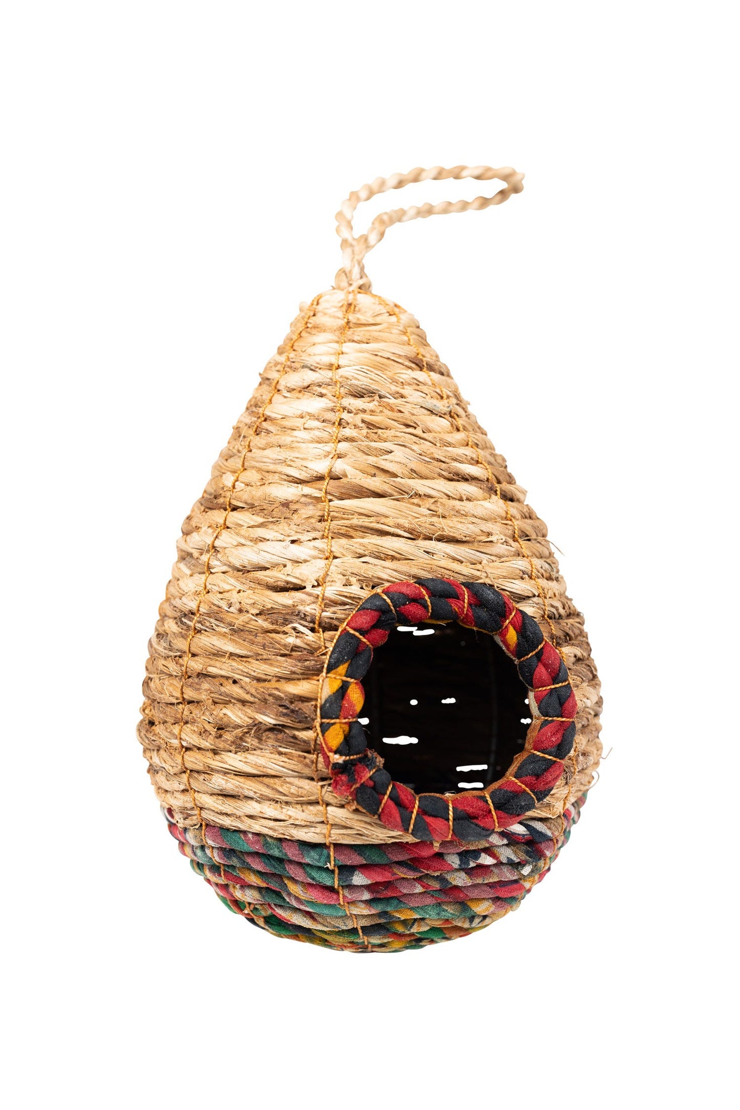 A teardrop-shaped birdhouse made from recycled cotton sari textiles and banana fiber, with a brown color and a multicolored pattern around the bottom.