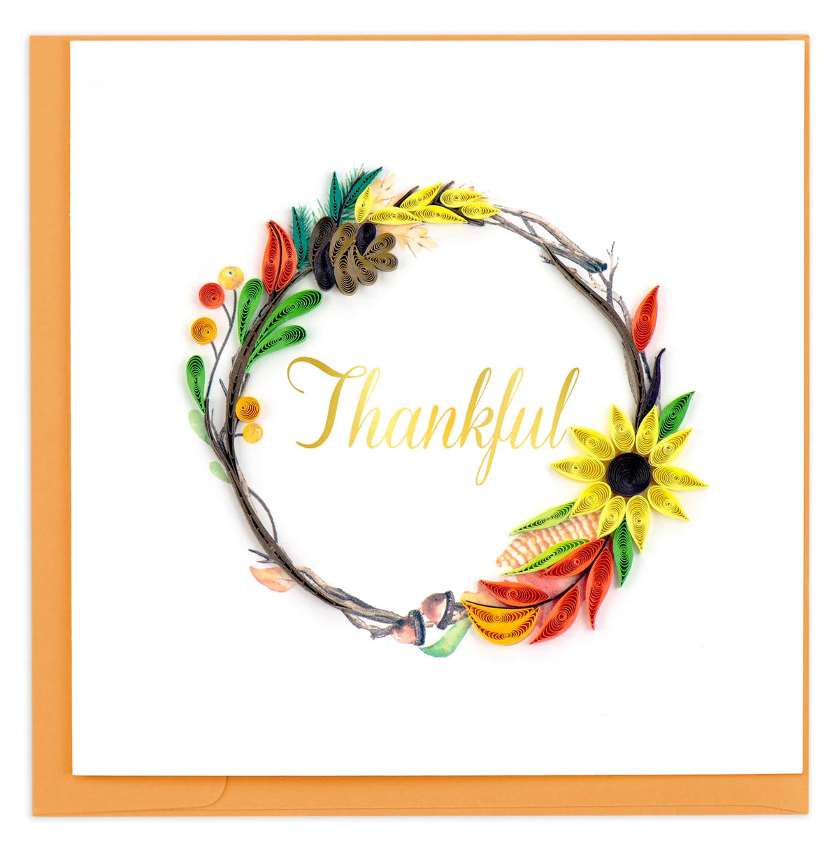 Decorative wreath with colorful flowers and leaves and the word 'Thankful' on a white background.