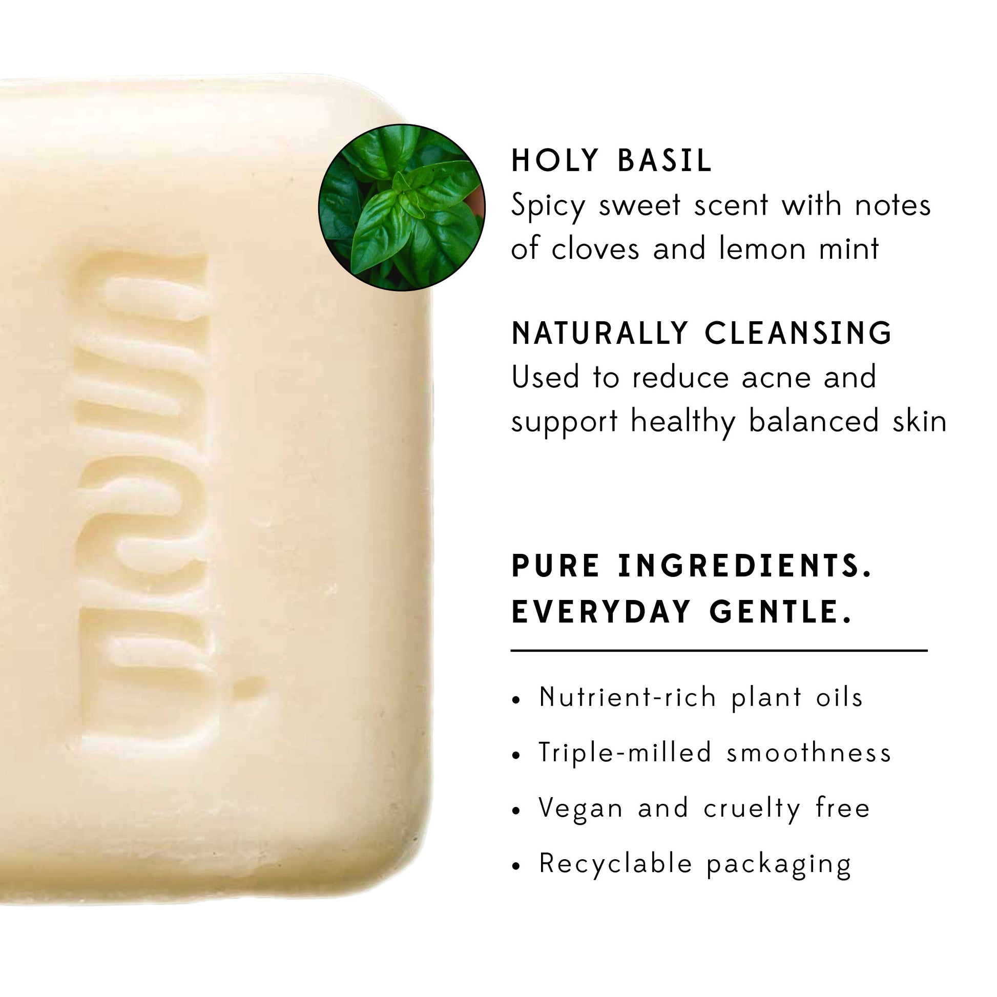 A white bar of soap on a white background is surrounded by text describing the benefits of the soap.