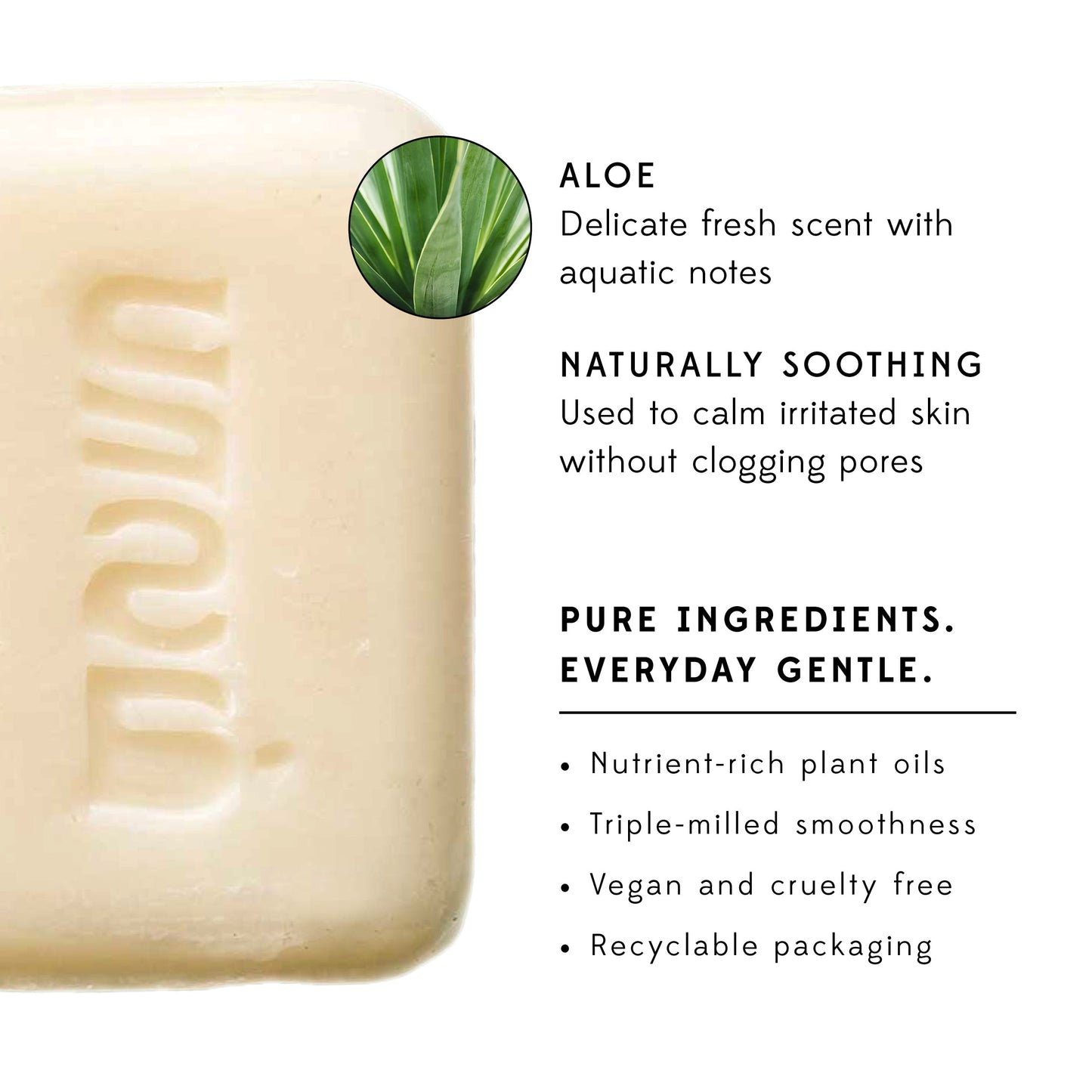 A bar of white soap with writing that describes the benefits of aloe on the skin.