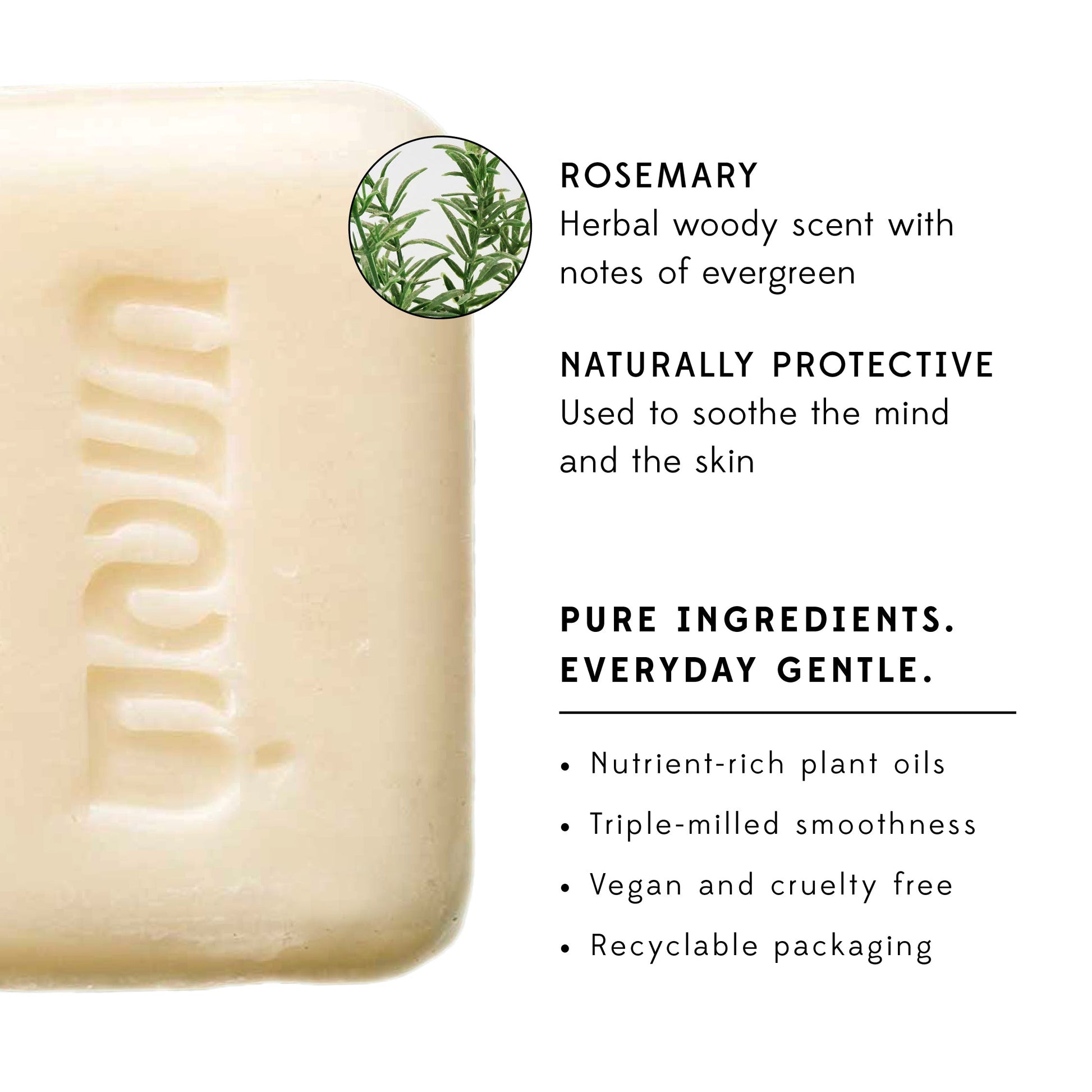 A bar of white soap on a white background is surrounded by text describing the benefits of rosemary soap.