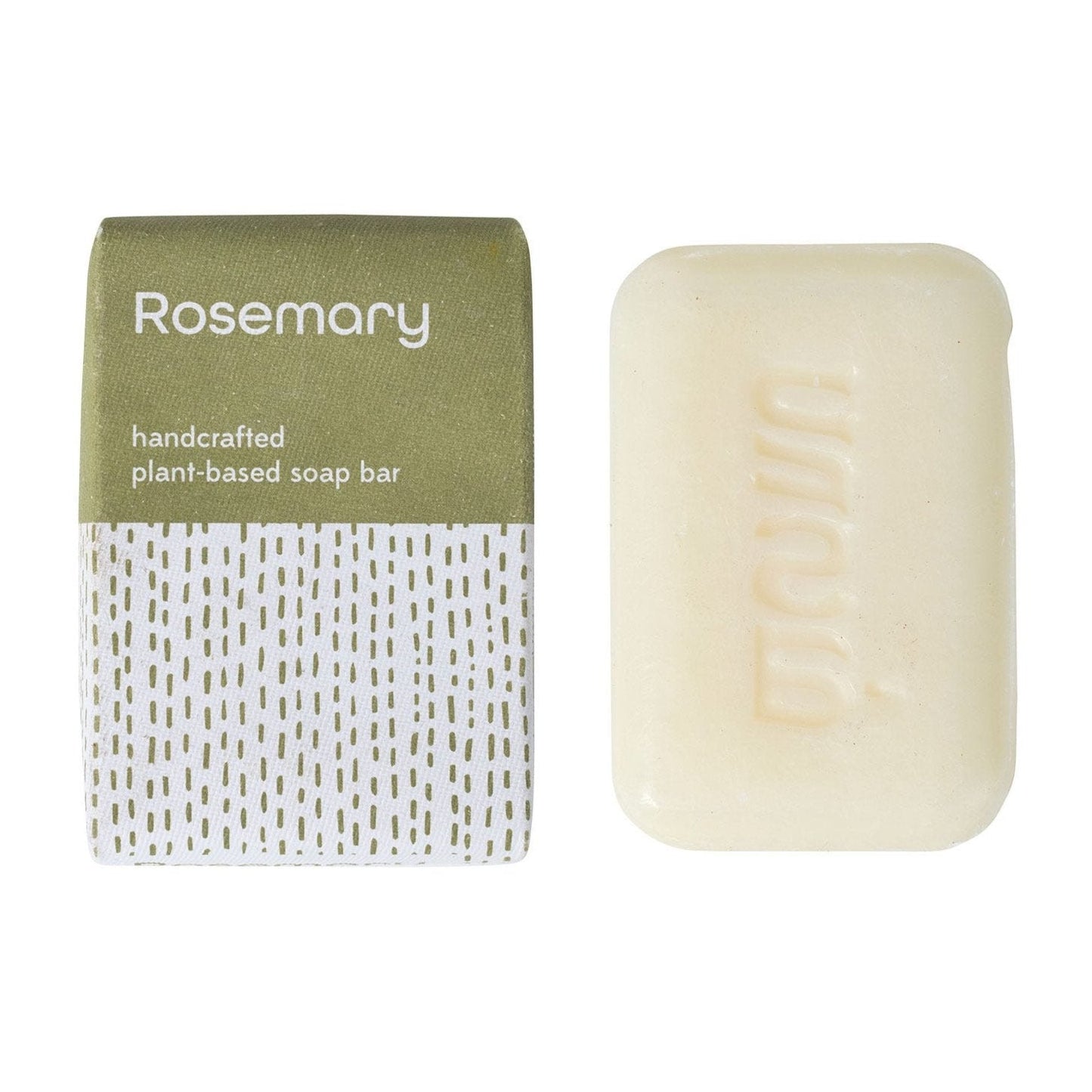 A bar of soap with 'ROSEMARY' and 'handcrafted plant-based soap bar' printed on the packaging, which is green and white striped.