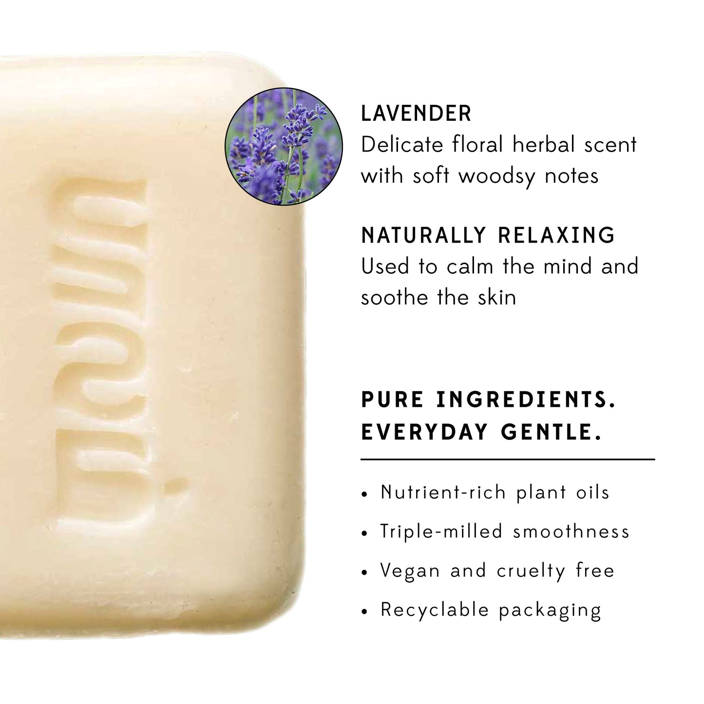 A bar of white soap on a white background is shown with the benefits of lavender soap.