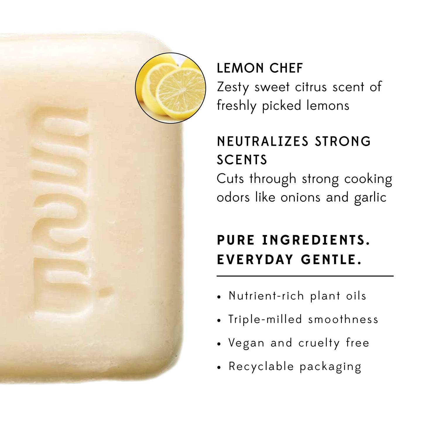 A bar of white soap on a white background with information about how it can help cut through strong cooking odors.