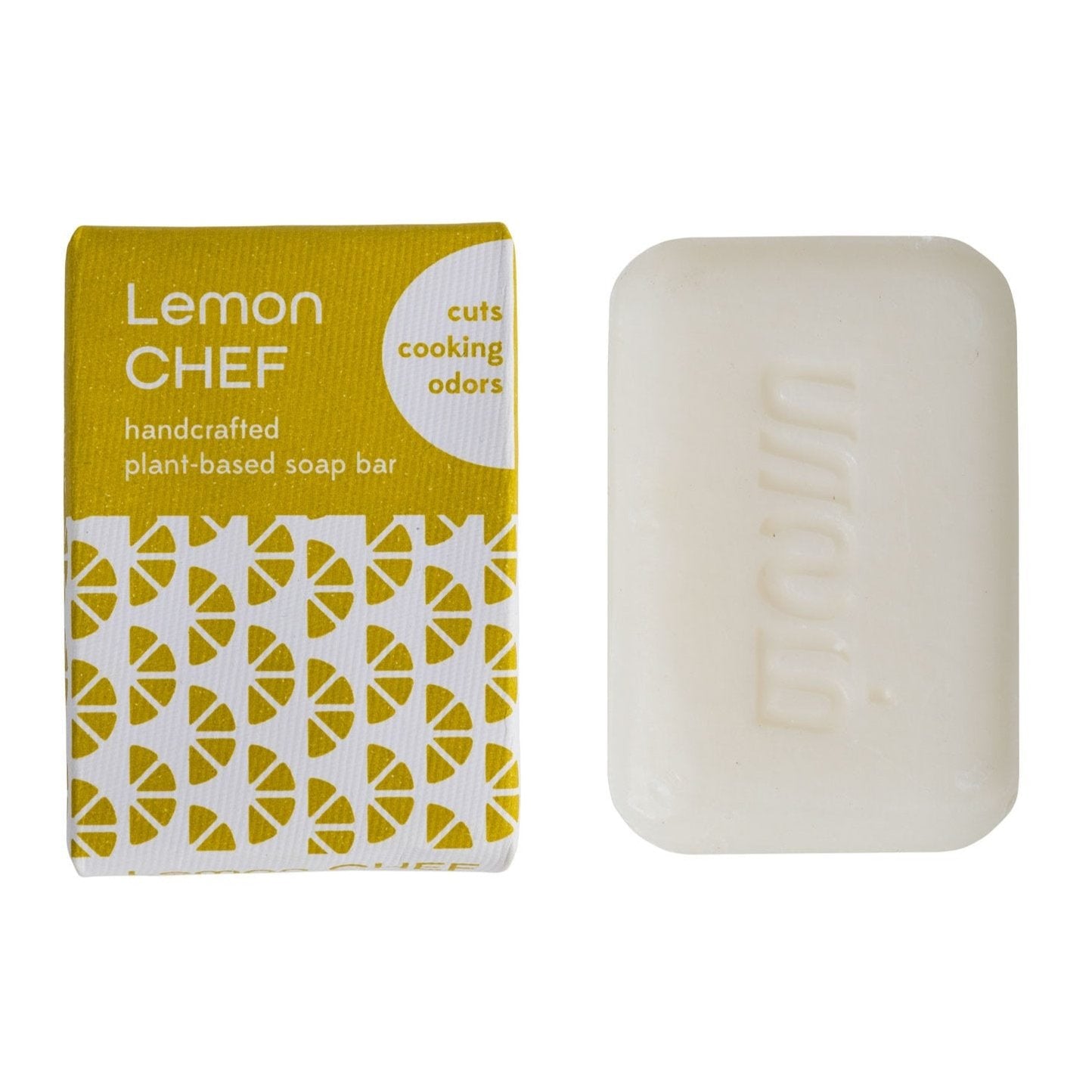 A bar of soap with a green and white geometric patterned packaging that reads 'LEMON CHEF' and 'Handcrafted Plant Based Soap Bar'.