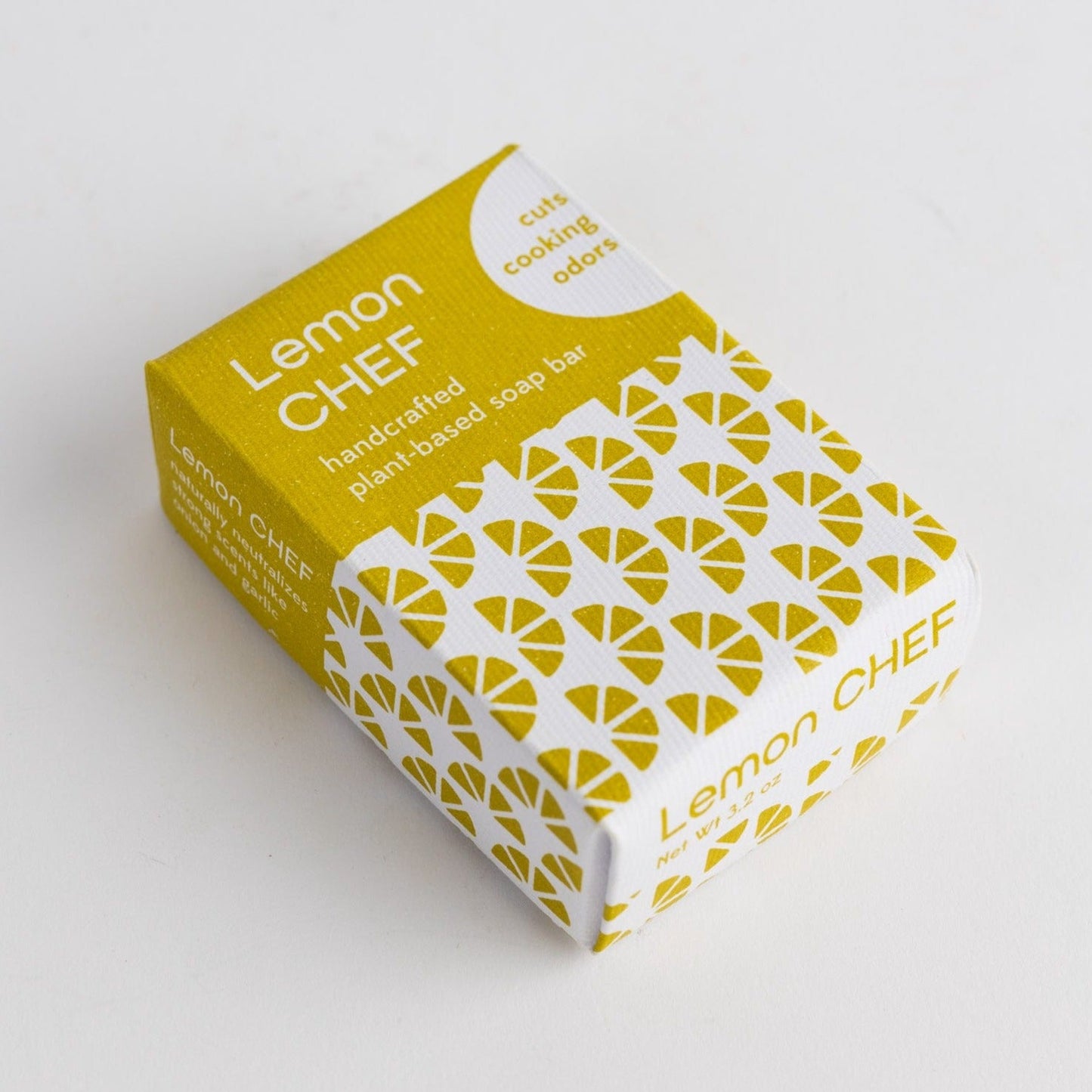 A yellow and white patterned box on a white background reads "Lemon Chef" and "cuts cooking odors"