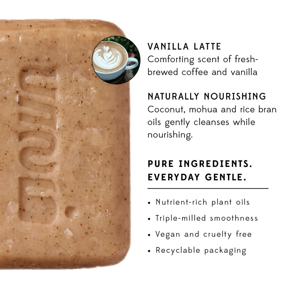 Brown bar of soap with and vanilla latte scent description on a white background.