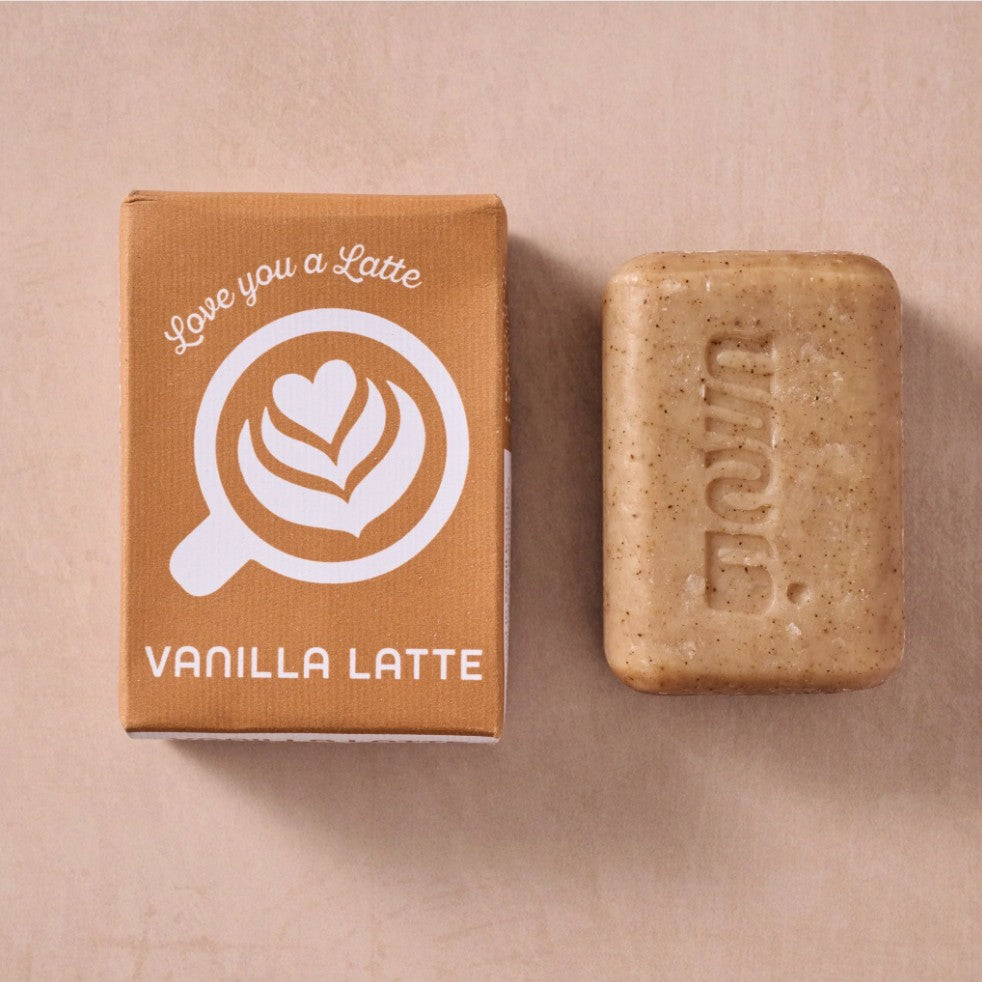 Bar of soap and packaging with 'Vanilla Latte' branding on a beige background