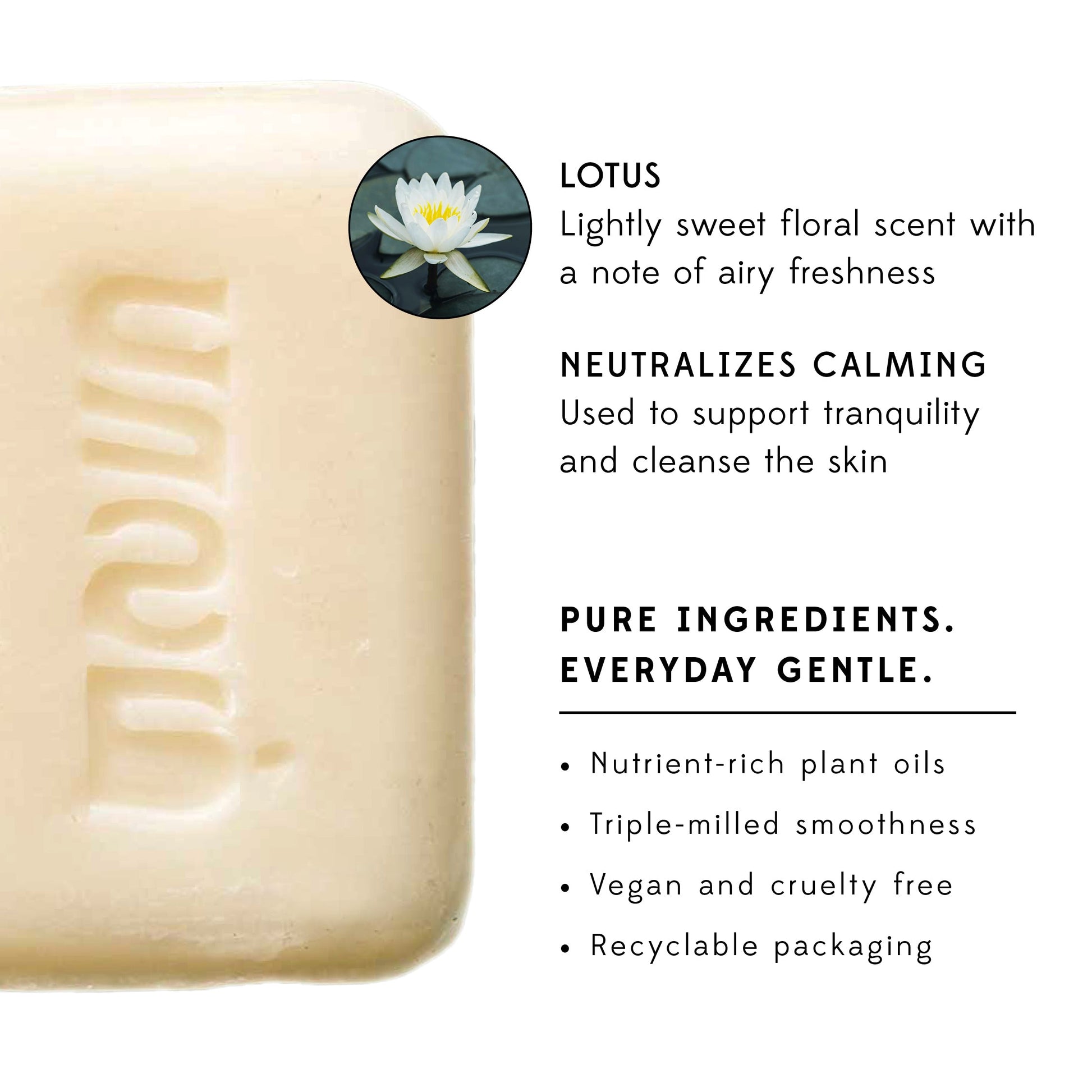 A bar of white soap on a white background is shown with text describing the benefits of the soap.
