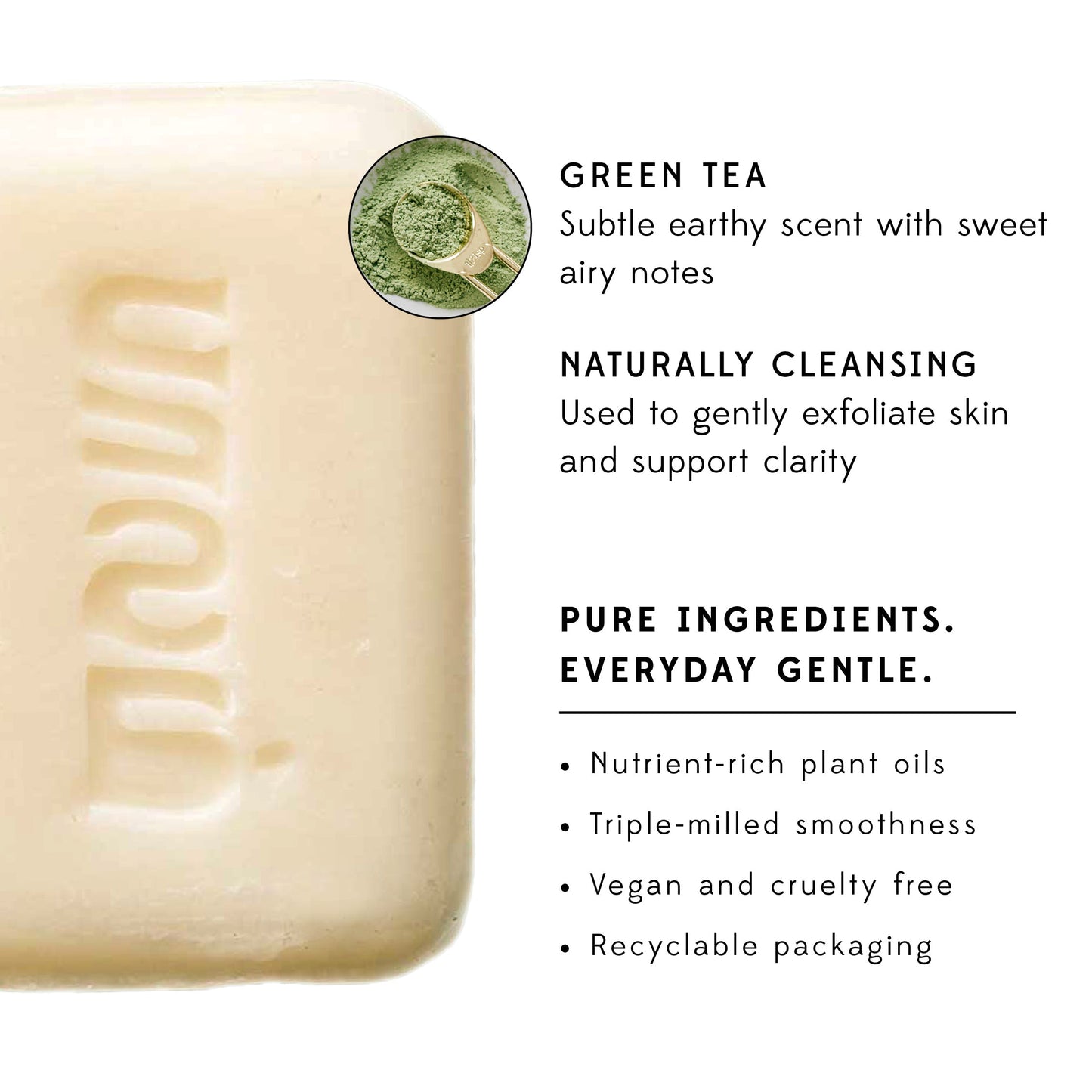 A bar of white soap is shown with information about its benefits on a white background.