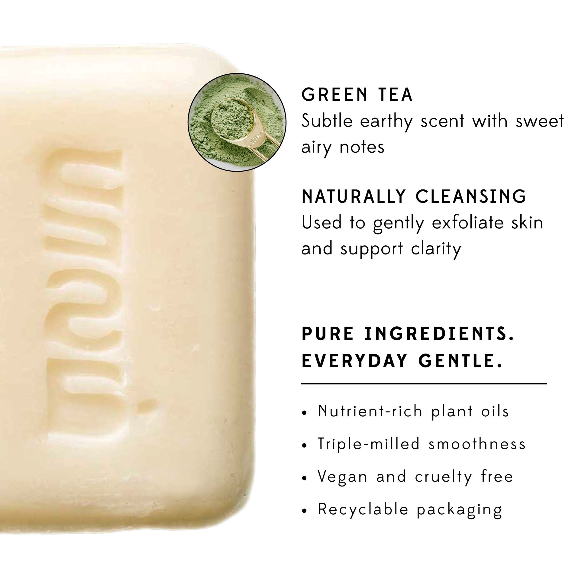 A bar of white soap is shown with information about its benefits on a white background.