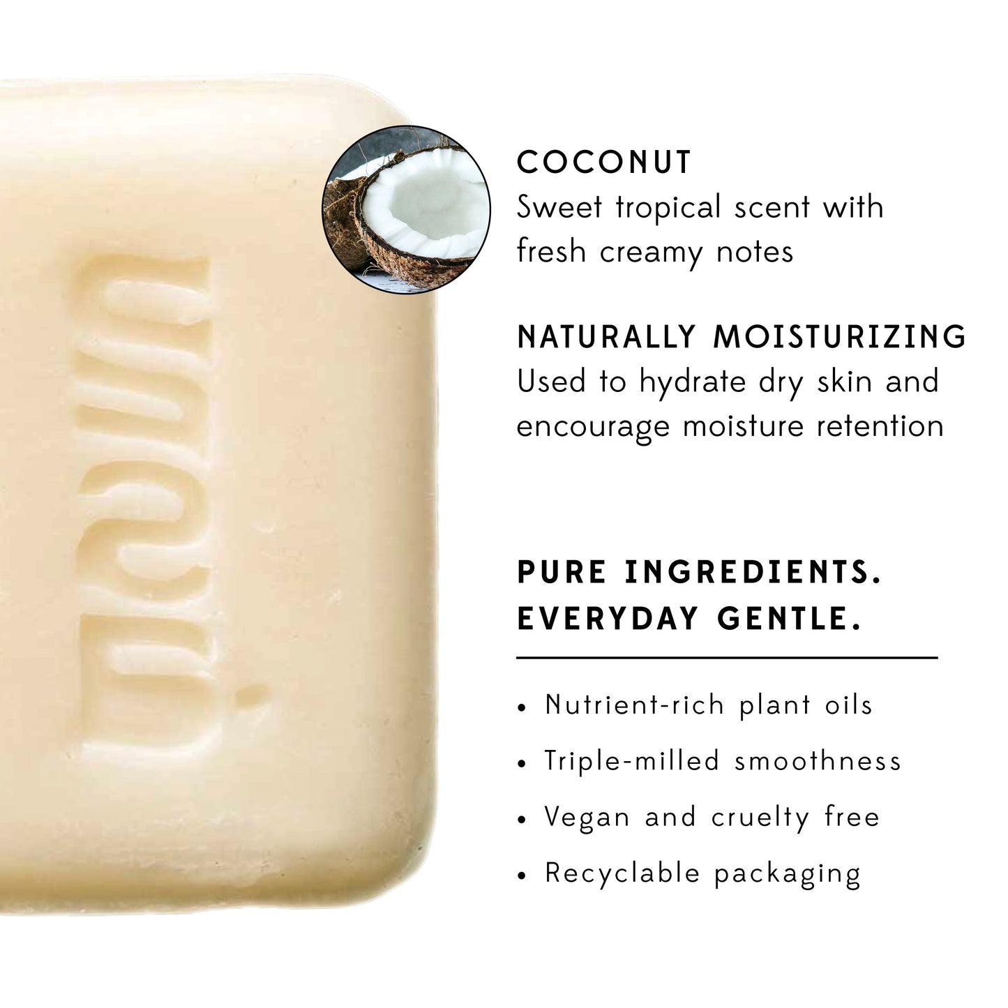 A bar of soap is styled on a white background with information about the benefits of coconut soap.