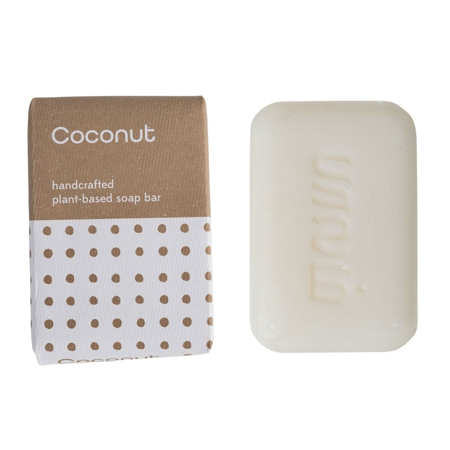 A bar of coconut handcrafted plant-based soap next to its paper packaging with 'Coconut' title.