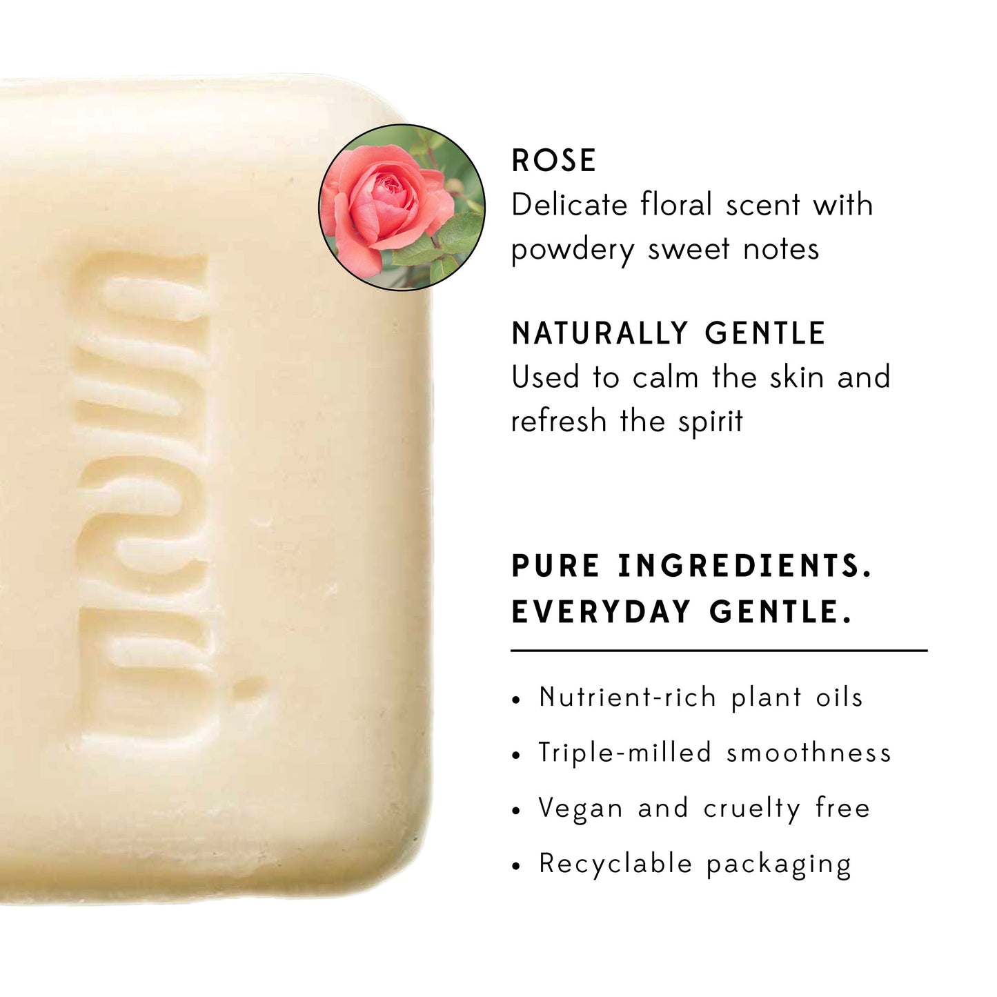 A white bar of soap is shown next to text describing the benefits of the soap.
