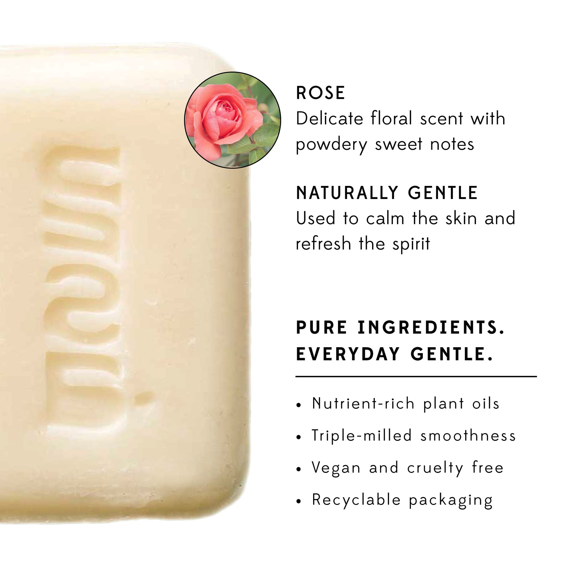 A white bar of soap is shown next to text describing the benefits of the soap.