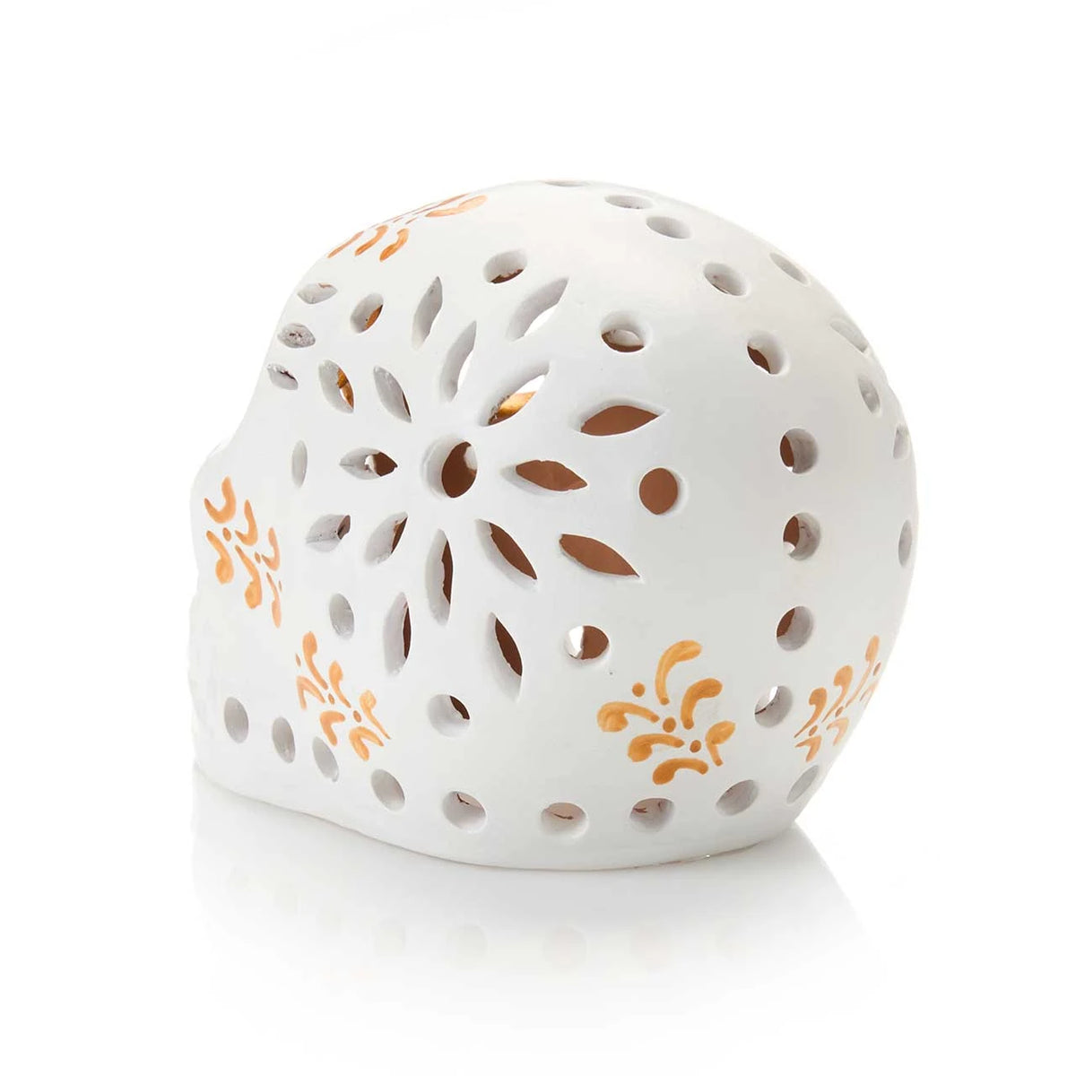 White Terracotta skull lantern with gold decoration back view on a white background