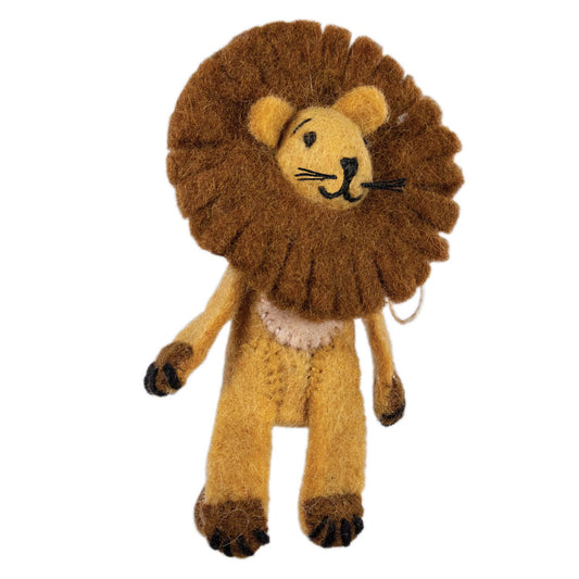 felted lion ornament on a white background