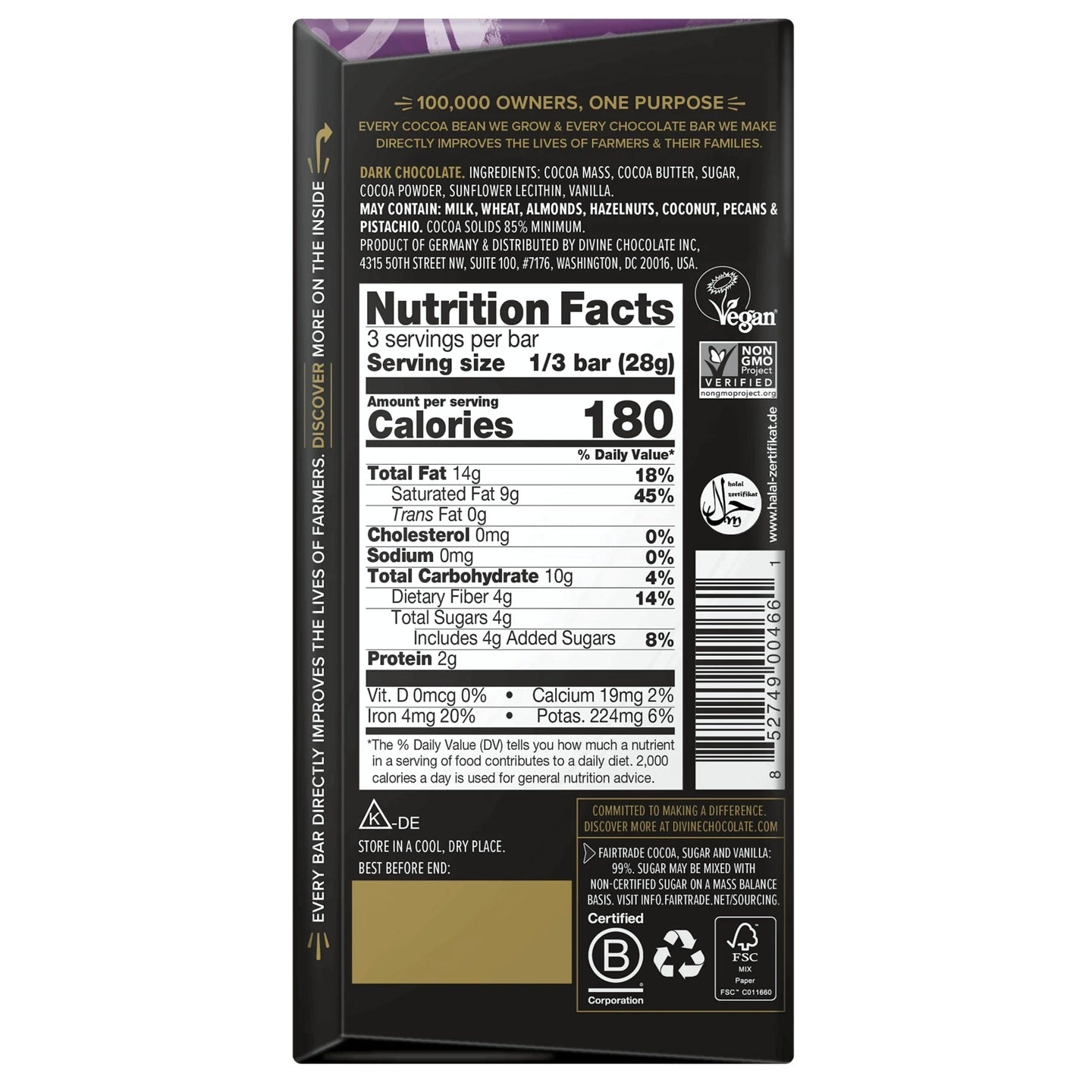 Nutrition facts label on a dark chocolate bar packaging