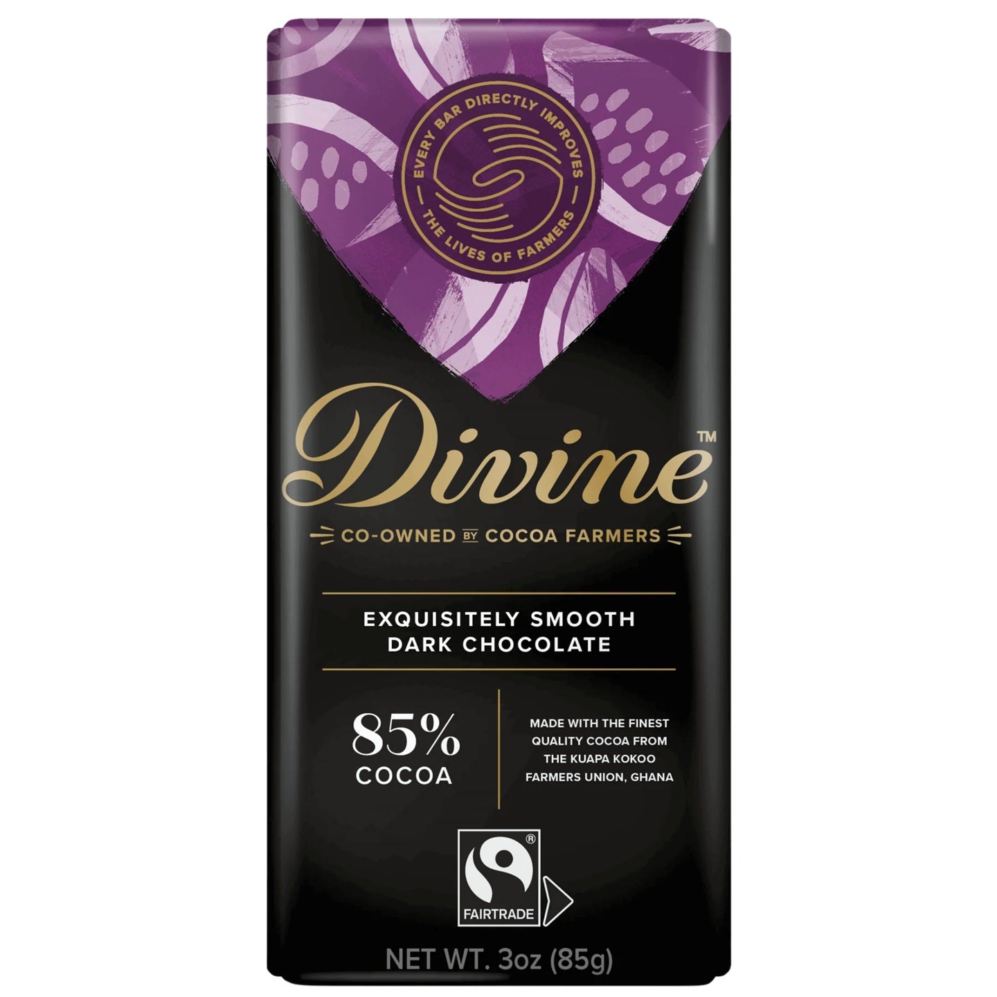 Divine dark chocolate bar packaging with purple and black design