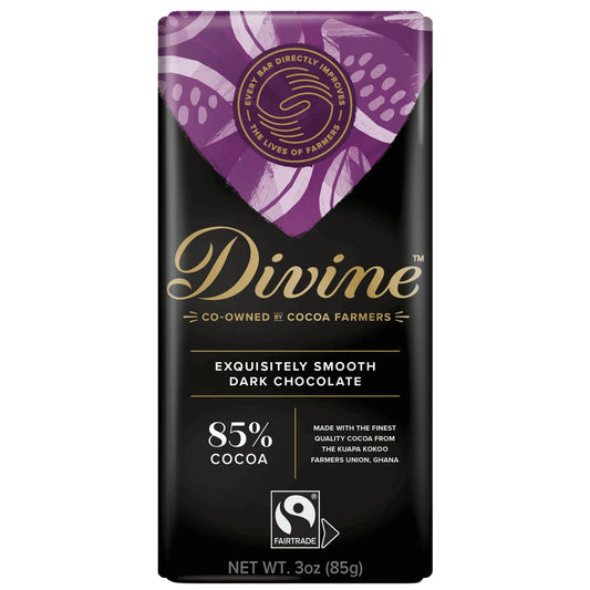 Divine dark chocolate bar packaging with purple and black design