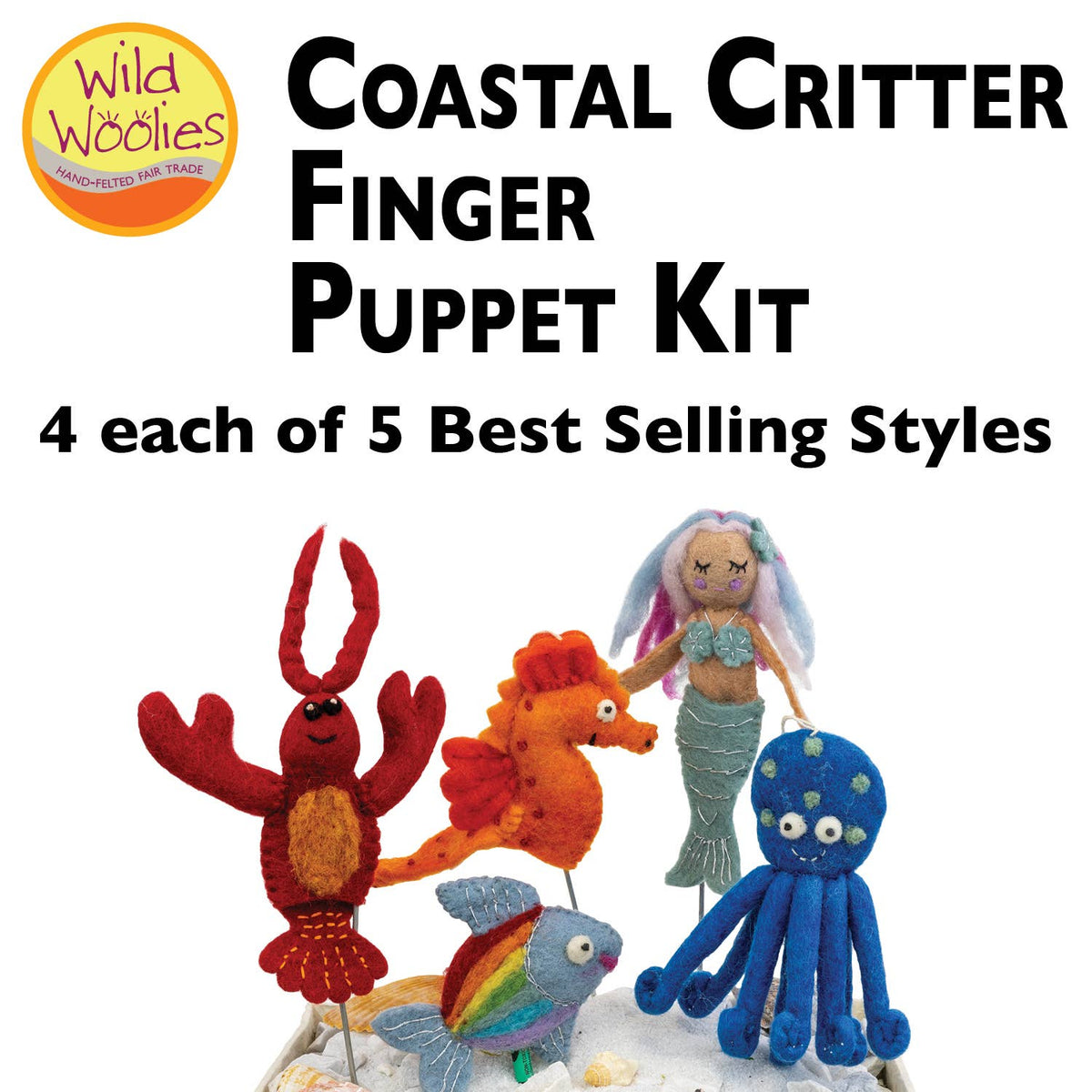 Coastal Critter Finger Puppet Kit featuring five mermaid-themed felt puppets including a red lobster, orange seahorse, mermaid, blue octopus, and rainbow fish, displayed on a white background with product text and a Wild Woolies logo.