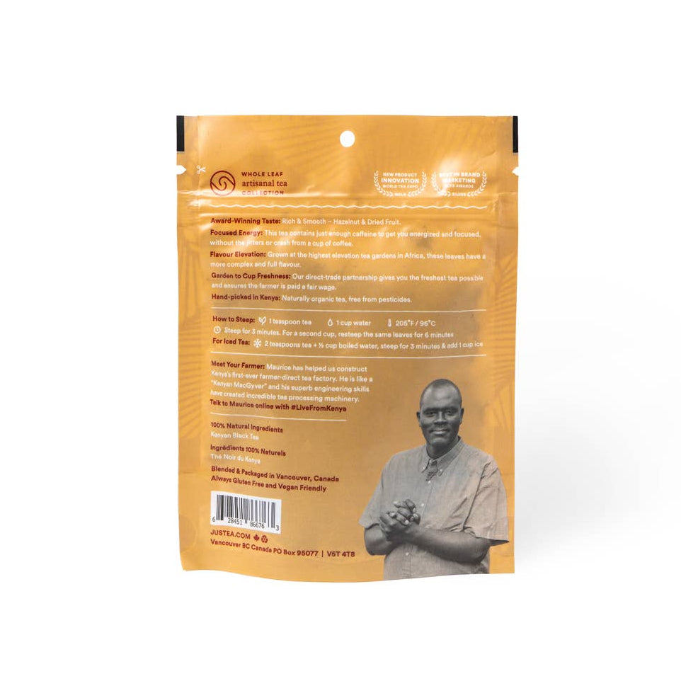 Yellow package with a picture of a Kenyan tea farmer, on a white background