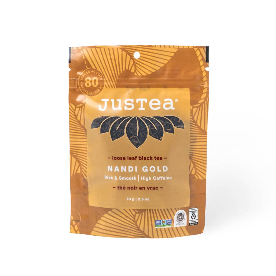 Justea Nandi Gold tea package on a white background