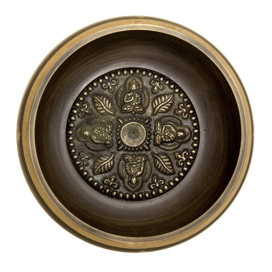 Decorative bronze bowl with intricate patterns on a white background