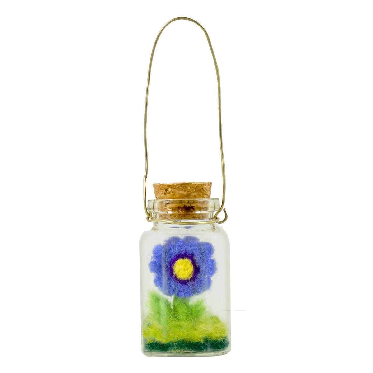 A small clear glass hanging bottle with a cork stopper and a thin metal loop handle, featuring a felt flower design in purple, yellow, green, and blue on a white background.