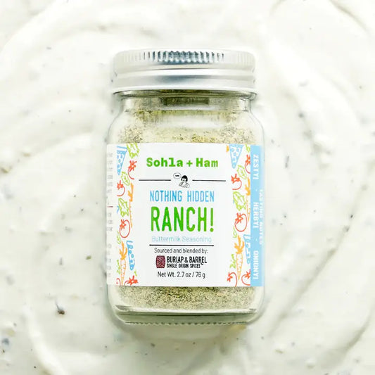 Jar of Sohla + Ham ranch seasoning on a white background