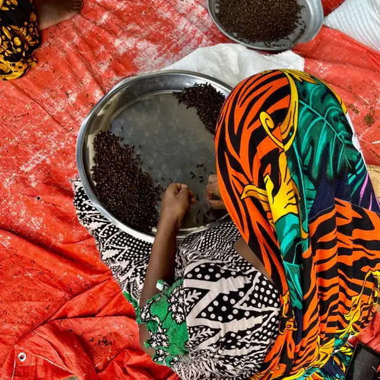 Person sorting peppers in a large metal tray with a colorful headscarf.