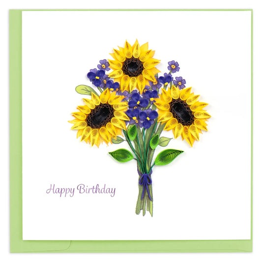 Greeting card with yellow sunflowers and purple flowers on a white background
