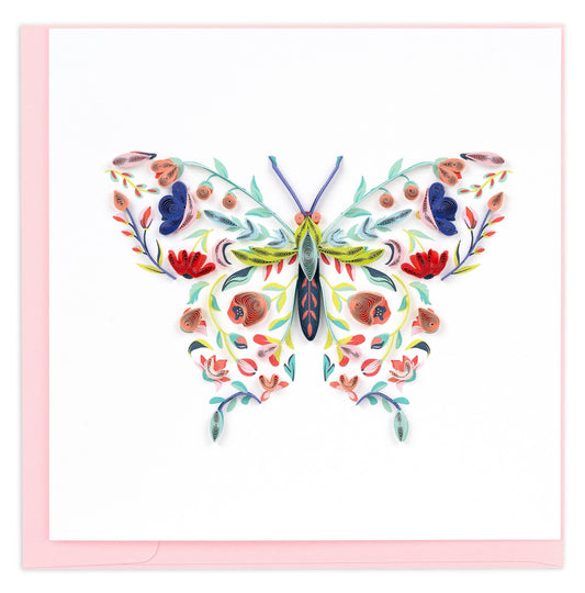 Colorful butterfly design on a white background with a pink border